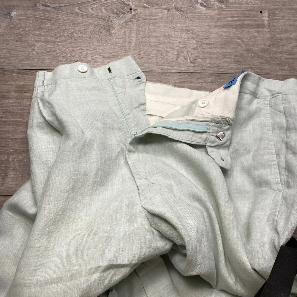 Inserch Dress Pants Mens 38x32 Green 100% Linen Pleated Cuffed Summer Beach